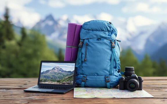 Backpack, laptop, camera, map, and yoga mat on a wooden table, preparing for a mountain adventure as a digital nomad