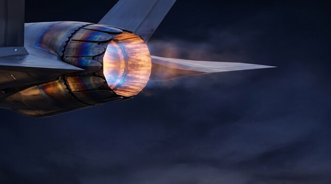 Close-up view of a fighter jet's engine exhaust with afterburner engaged, showing bright orange and blue flames against a dark sky.