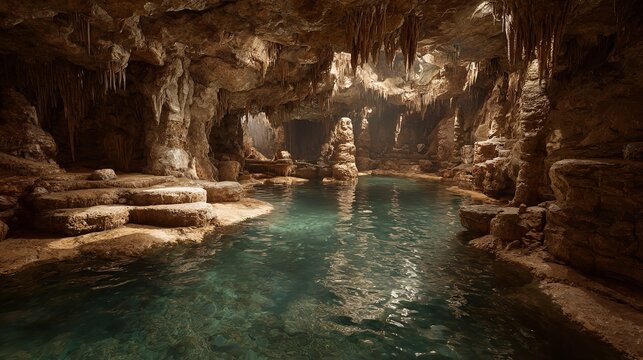 Crystal-clear water reflecting cave formations