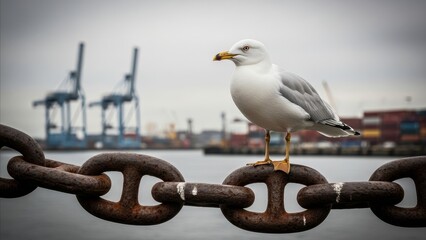 Naklejka premium Animal - Seagull Perched on Rusty Harbor Chain with Industrial Port Cranes and Shipping Containers Background