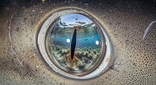 Extreme Close-up of a Shark Eye with Reflection of Coral Reef Underwat