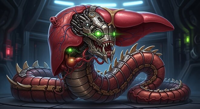 Cybernetic alien creature with glowing eyes.