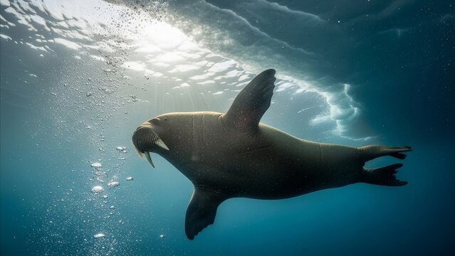 Animal - Walrus Swimming Underwater Near Arctic Ice With Air Bubbles and Sunlight Rays in Clear Blue Ocean