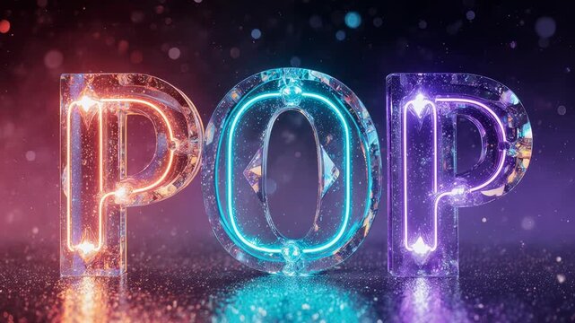 3D Neon POP Text in Glowing Crystal Glass with Futuristic Backlight