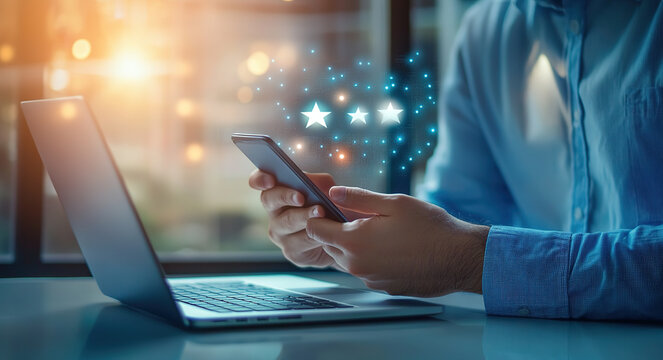 Businessman checking customer feedback icons and five star reviews, satisfaction assessment, online survey system, employee service experience rating, and business service quality concept.