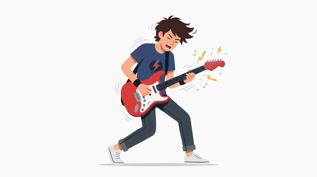 Guitar player strumming electric guitar with music notes for teen youth band practice and creative learning