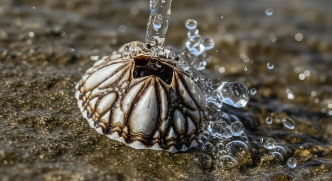 Macro Shot of a Single Barnacle on a Rock with Water Splashing and Bub