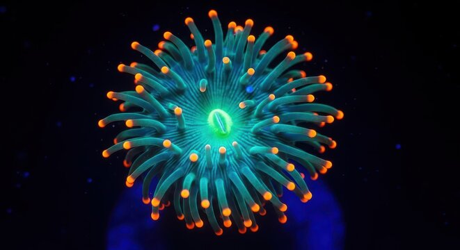 Vibrant Fluorescent Sea Anemone with Neon Green Center and Orange Tipp
