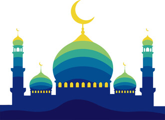 Blue mosque with green domes under a yellow crescent moon vector can Editable © Nabil