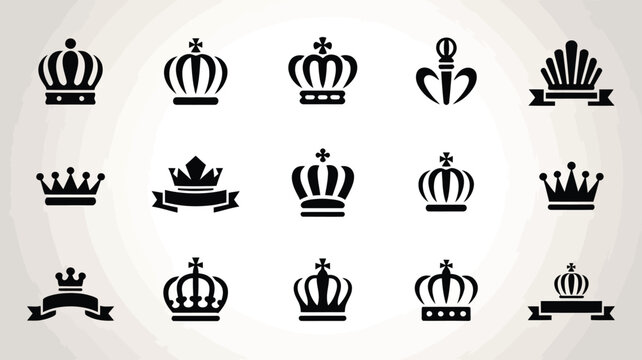 Collection of elegant royal crowns and regal symbols in black on light gray background