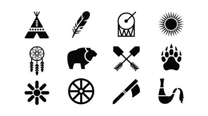 Native american tribal symbols and icons set including teepee feather dreamcatcher bear and more on white background © Shovon