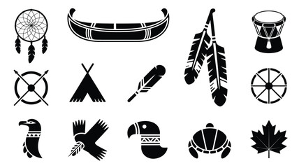 Native american cultural symbols vector illustration bundle featuring dreamcatcher canoe feathers and tribal icons on white background © Shovon