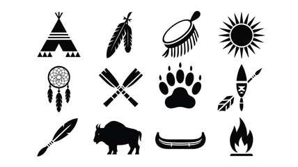 Native american tribal symbols and icons set including teepee feathers dreamcatcher and animal tracks on white background © Shovon
