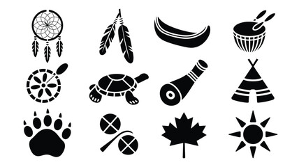 Native american cultural symbols and icons in black on white background vector illustration © Shovon