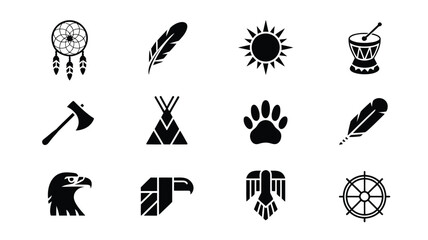 Native american symbols icons set dreamcatcher feather sun drum axe teepee paw quill eagle compass tribal vector illustrations © Shovon