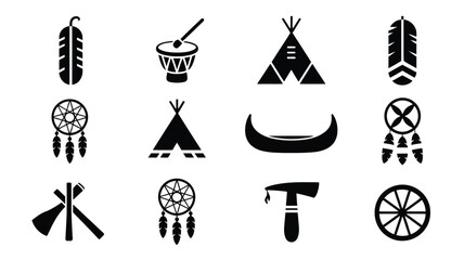 Collection of 12 minimalist native american tribal logos and symbols including feathers dreamcatchers teepees and tomahawks on white background © Shovon