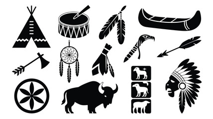 Native american cultural symbols and icons in black silhouettes on white background © Shovon