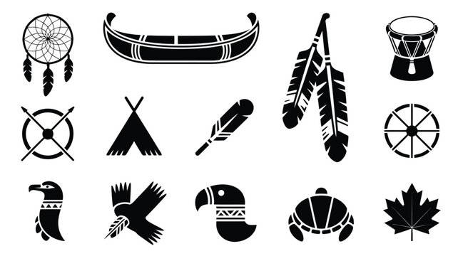 Native american cultural symbols vector illustration bundle featuring dreamcatcher canoe feathers and tribal icons on white background