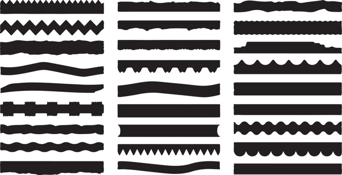 Decorative wavy border set, black silhouette divider lines, 27 vector edge patterns for graphic design, geometric frame elements for scrapbooking