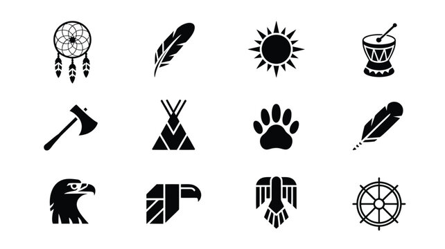 Native american symbols icons set dreamcatcher feather sun drum axe teepee paw quill eagle compass tribal vector illustrations