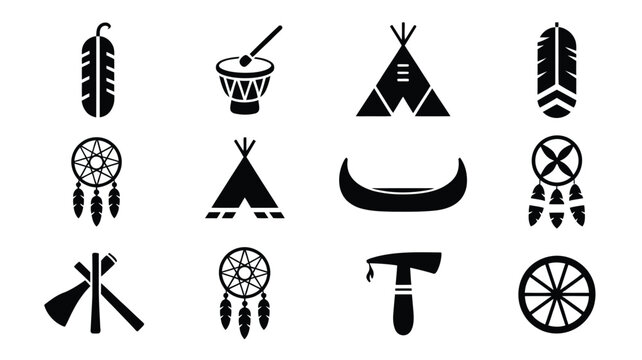 Collection of 12 minimalist native american tribal logos and symbols including feathers dreamcatchers teepees and tomahawks on white background