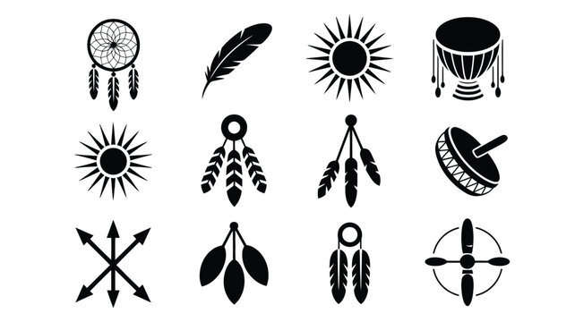 Vector bundle of 12 unique tribal symbols including dreamcatchers feathers sun drum on white background
