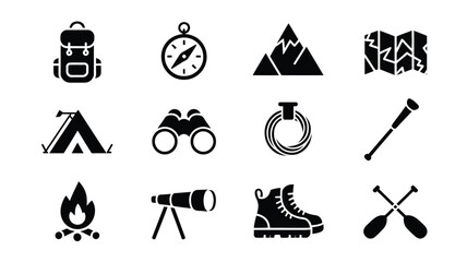 Camping and hiking icons set including backpack tent compass mountains campfire binoculars and more on white background © Shovon
