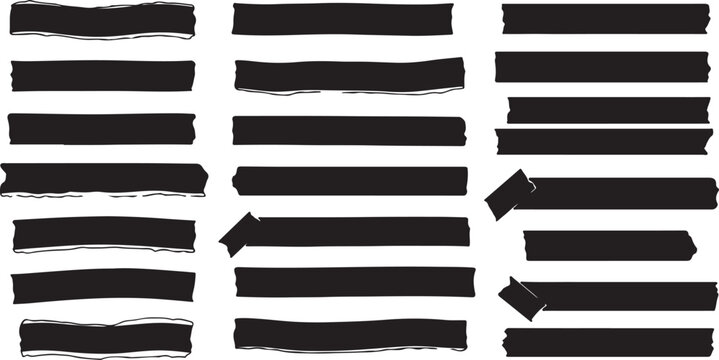 Black washi tape vector set, adhesive masking tape strips with torn edges, decorative duct tape ribbons for scrapbooking and journal layouts