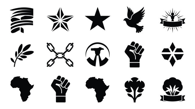 Collection of 12 black vector logos and symbols for social justice and activism
