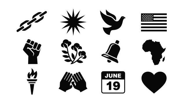 Juneteenth celebration icons set black silhouettes on white background freedom and unity symbols