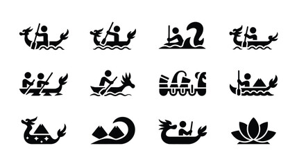 Obraz premium Black vector illustrations of people canoeing and kayaking in various styles on white background