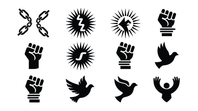 Collection of 12 minimalist vector logos and icons featuring hands fists birds chains and sun symbols in black on white background for design and freedom concepts