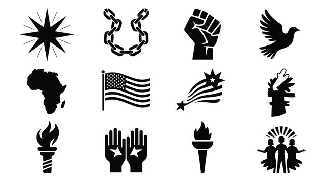 Black vector icons of freedom peace and unity on white background including fists flags and doves