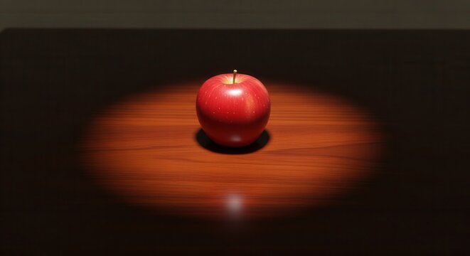 Single Bright Red Apple on Wooden Surface Under Spotlight