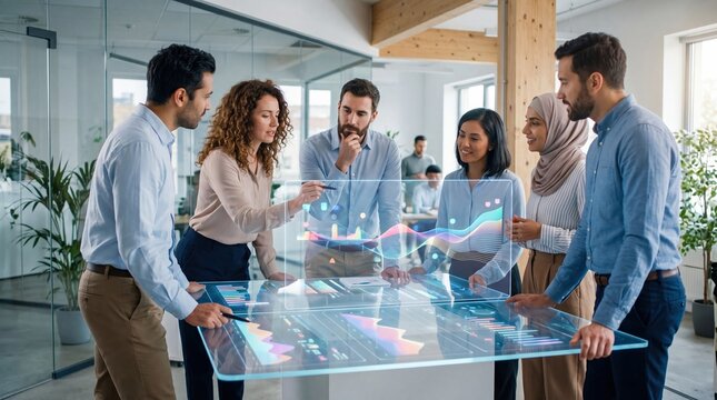 Diverse business team analyzing holographic data charts on futuristic glass table in modern open plan office space corporate strategy meeting teamwork technology innovation