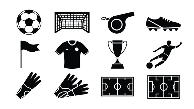 Black vector soccer icons set including ball goal whistle cleats jersey trophy player flag gloves and field