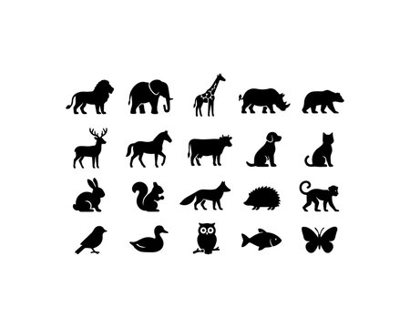 Animal silhouettes set: diverse wildlife and domesticated species with silhouette wildlife elephant squirrel hedgehog butterfly creature collection illustration conservation domestic