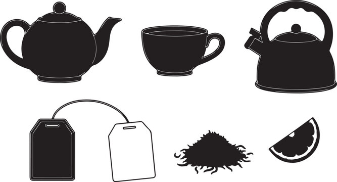 Tea time silhouette vector set, black teapot and ceramic cup icons, tea bag and loose leaf herbal tea elements for cafe menu design