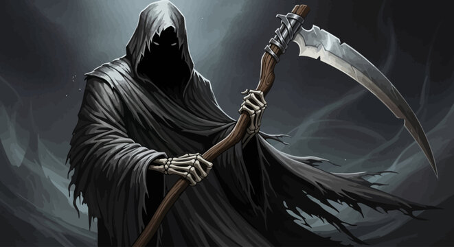Grim reaper in dark hooded robe holding scythe.