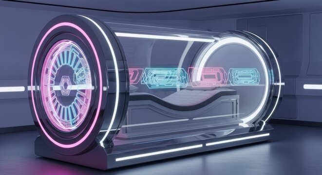 Chambre de sommeil cylindrique futuriste avec lumi&egrave;res n&eacute;on et d&eacute;tails int&eacute;rieurs