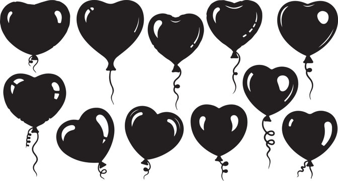 Black heart balloons vector set, 11 romantic silhouette balloon icons with strings, decorative love symbols for wedding and valentines day design