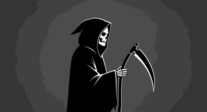 Grim reaper in black hooded cloak holding scythe.