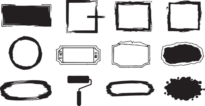 Grunge black ink frames and brush stroke borders, set of 12 hand drawn textured vector elements, distressed paint roller and splat shapes