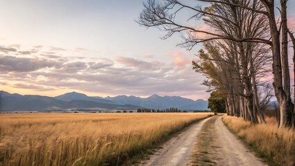 Obraz premium A golden field and dirt road lead towards distant mountains at sunset
