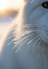 Obraz premium Close-up of Frozen Whiskers on a White Cat in the Golden Morning Light