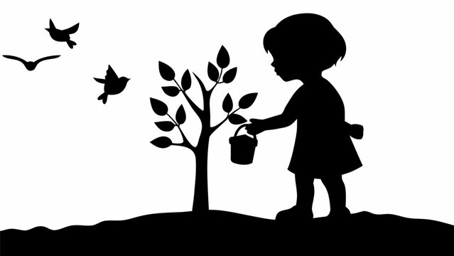 Silhouette of a young child tenderly planting a small sapling tree with a tiny bucket symbolizing growth nature and environmental care against a clean white background with birds