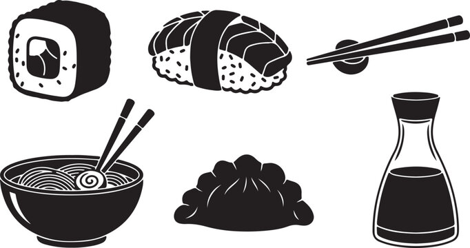 Japanese food icons set with sushi, ramen bowl and dumplings. Black vector silhouettes of nigiri, maki roll, soy sauce and chopsticks for restaurant menu.
