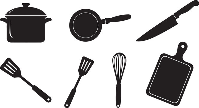 Black kitchen utensil silhouettes, professional culinary tools set of 7 vector icons, minimalist cooking equipment for restaurant menu design