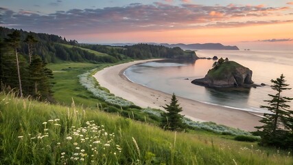 Fototapeta premium Coastal landscape with a sandy beach lush greenery and a vibrant sunset