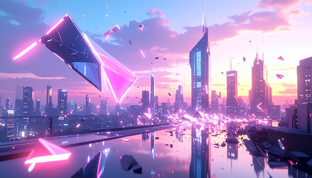 Ville futuriste abstraite au coucher du soleil